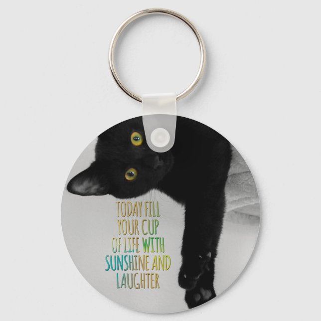 Fill Your Cup Of Life Black Cat Motivational Quote Key Ring (Front)