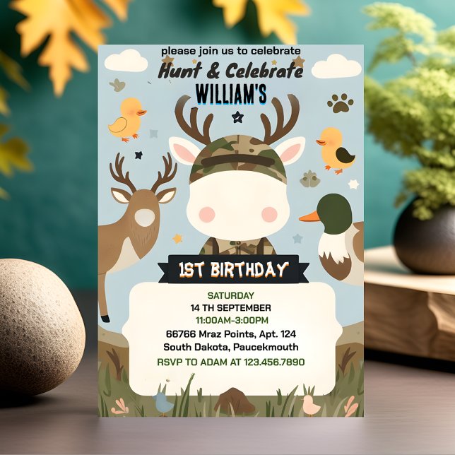 filled Wild Camo Oh Deer Duck hunting 1st birthday Invitation (Creator Uploaded)