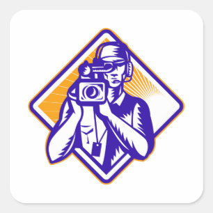 Film  Crew Cameraman Holding Camera Retro Square Sticker