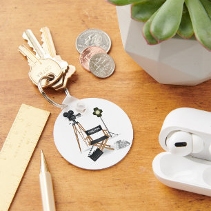 Film Director Chair and Vintage Movie Camera Set Key Ring
