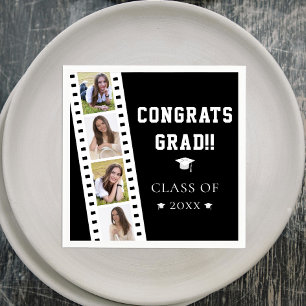 Filmstrip Four Photo Collage Graduation   Black Napkin