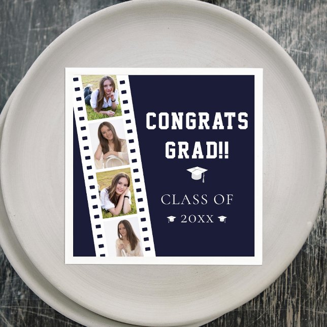 Filmstrip Four Photo Collage Graduation | Blue Napkin (Blue Filmstrip Four Photo Collage Graduation Party Napkins)