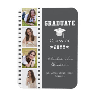 Filmstrip Four Photo Collage Graduation   Grey Magnet