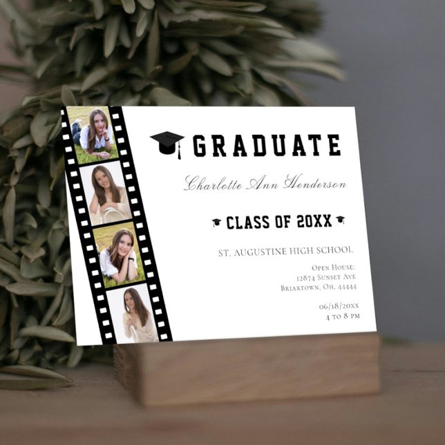 Filmstrip Four Photo Collage Open House Invitation (White Filmstrip Four Photo Collage Graduation Open House Invitation)