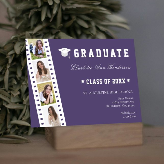 Filmstrip Four Photo Collage Open House | Purple Invitation (Purple Filmstrip Four Photo Collage Graduation Open House Invitation)