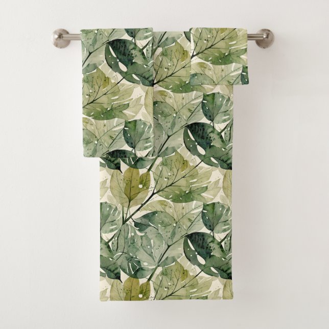 Filmy Leaves in Sage and Teal Bath Towel Set (Insitu)