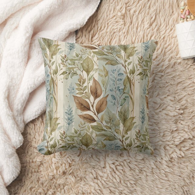 Filmy Sage & Brown Leaves Over Stripe Cushion (Blanket)