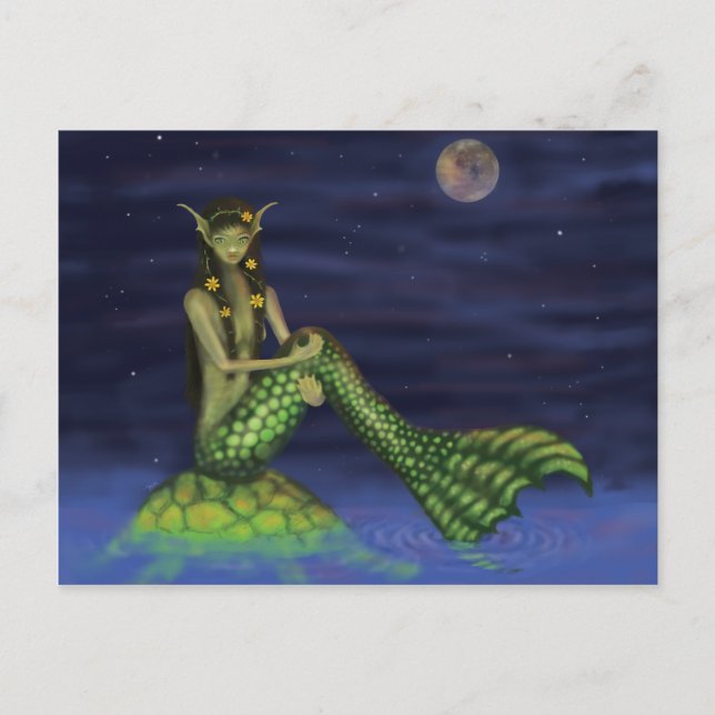 Fin Dipping Mermaid on Turtle Back Postcard (Front)