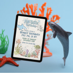 Fin-Tastic Happy Shark Illustrated Look Birthday Invitation