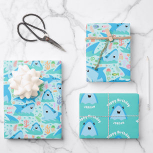Fin-tastic Shark Birthday Party Kids Under The Sea Wrapping Paper Sheet
