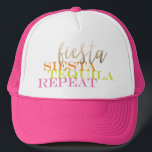 Final Fiesta Bachelorette Favour Customisable Trucker Hat<br><div class="desc">Celebrate your Bachelorette with a Final Fiesta! This customisable trucker hat is a great party favour for all the guests of an epic bachelorette fiesta! "Fiesta siesta tequila repeat" graphic is colourful and bright with modern typography, so can be used on any colour but the white background makes it pop!...</div>