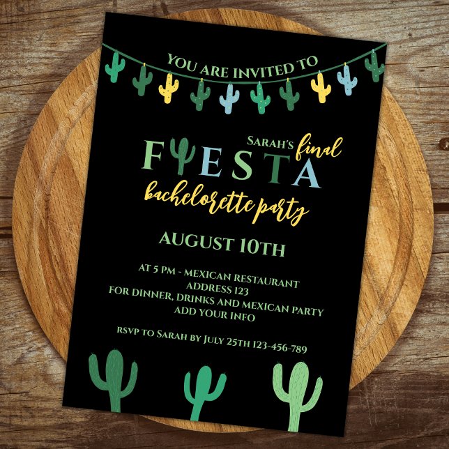 Final Fiesta Cactus Vibrant Bachelorette Party Invitation (Final fiesta cactus mexican bachelorette party invitation vibrant green and yellow bach party)
