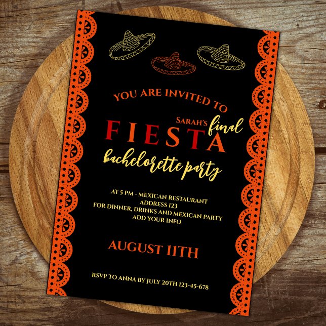 Final Fiesta Mexican Bachelorette Party Invitation (final fiesta bachelorette party weekend itinerary invitation red and orange sombreros mexican themed)