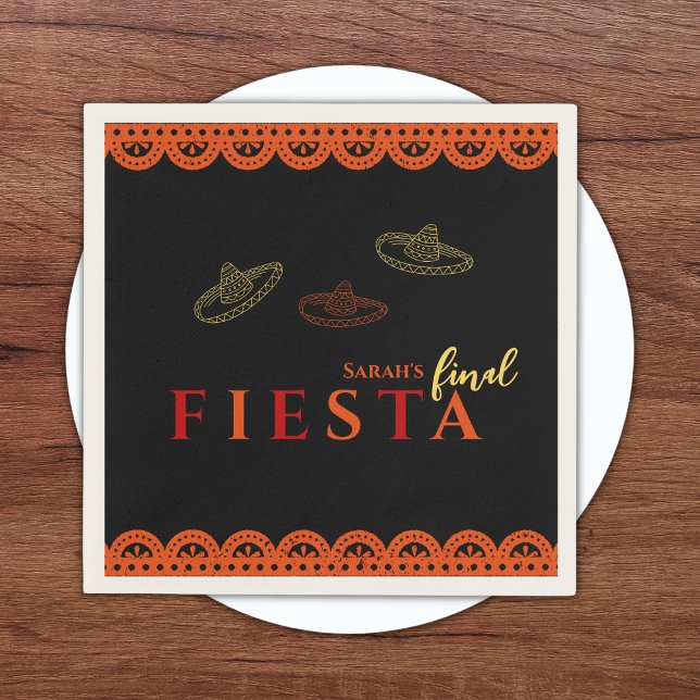 Final Fiesta Mexican Bachelorette Party Napkin (Final fiesta mexican bachelorette party napkins sombreros and papel picado red, orange and yellow)