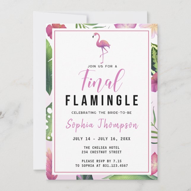 Final Flamingle Bachelorette Weekend Itinerary  Invitation (Front)