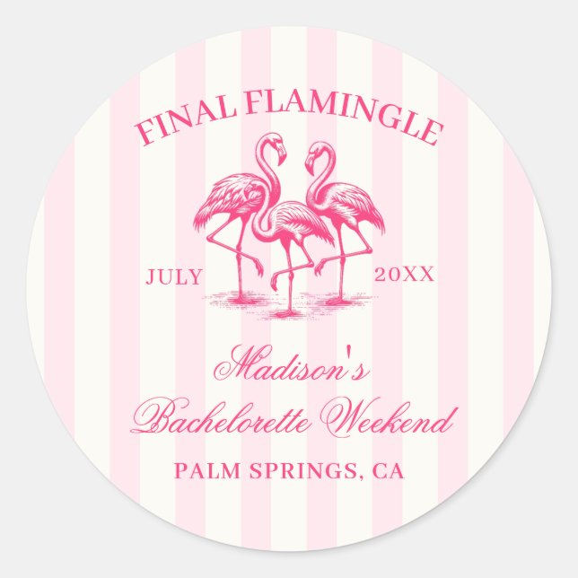 Final Flamingle Pink Striped Bachelorette Classic Round Sticker (Front)