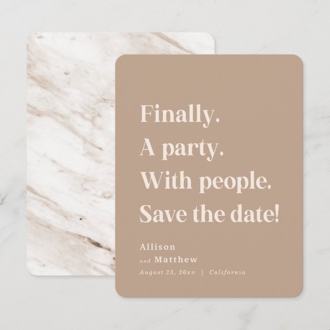 Finally a Party Simple Text Caramel Minimalist Save The Date (Front/Back)