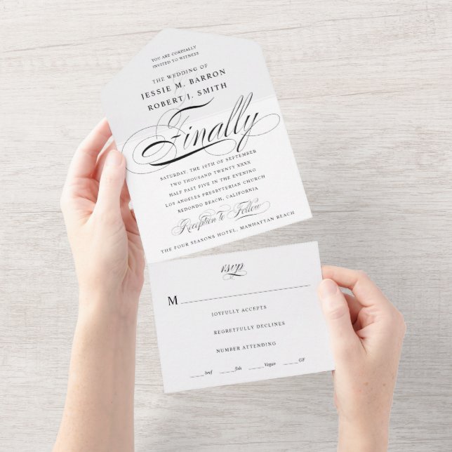 Finally Black and White Calligraphy Wedding All In One Invitation (Tearaway)