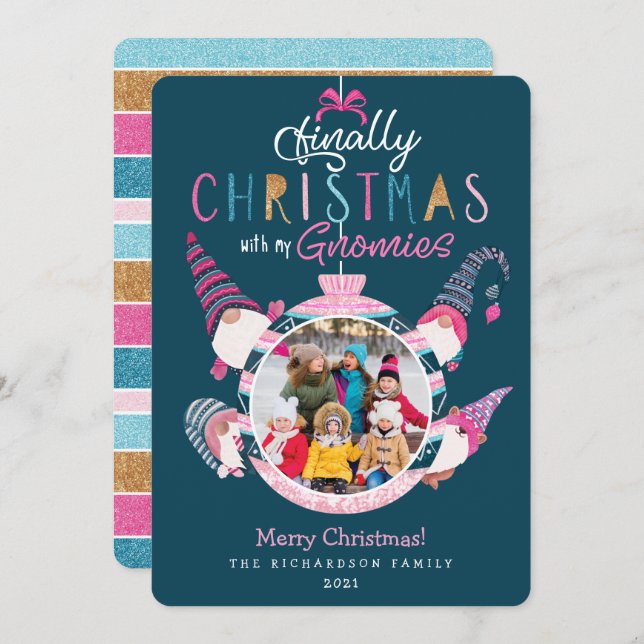 Finally Christmas With My Gnomies Fun Family Photo Holiday Card (Front/Back)