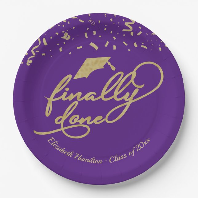 Finally Done Gold Calligraphy Graduation Party Pap Paper Plate (Front)