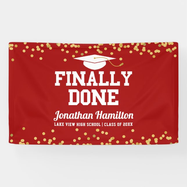 Finally Done Navy Red Gold Graduation Party Banner (Horizontal)