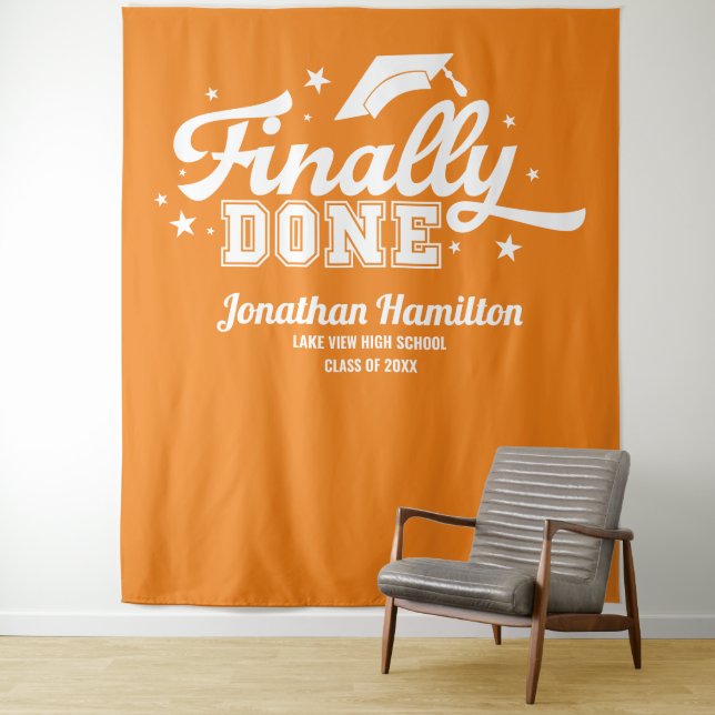 Finally Done Orange Graduation Party Backdrop Tapestry (In Situ)
