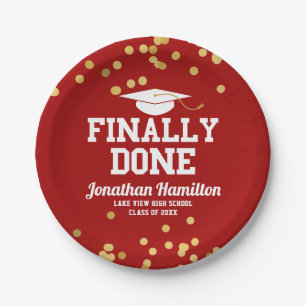 Finally Done Red Gold Confetti Graduation Party Paper Plate