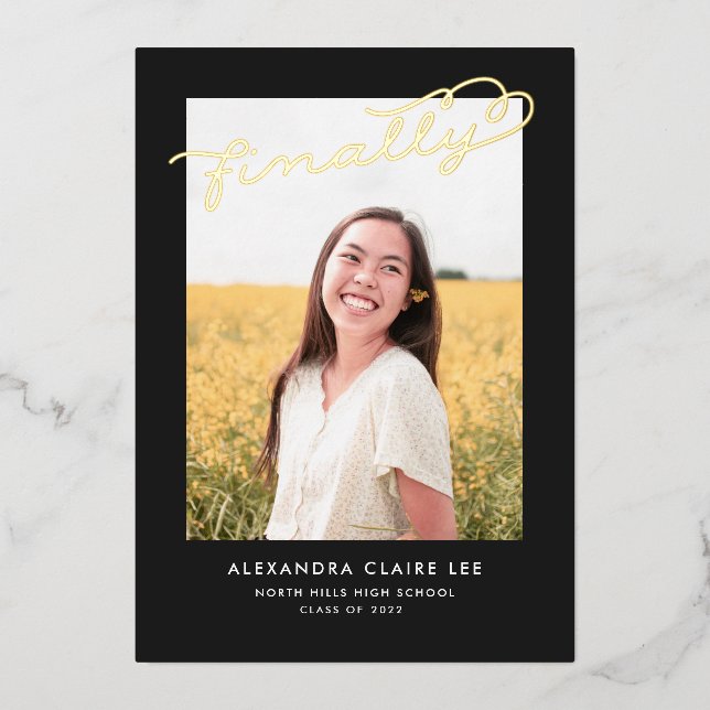 Finally Gold Foil on Black Graduation Announcement (Front)