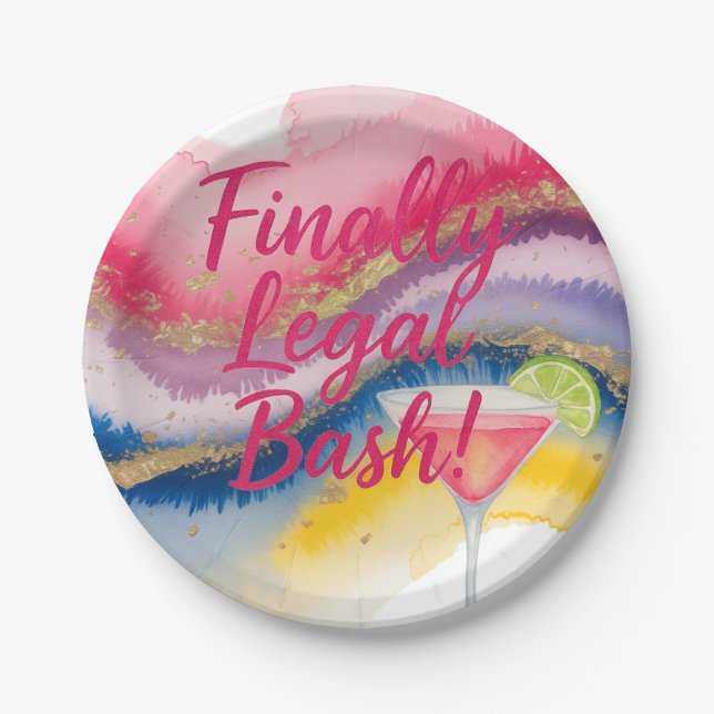 Finally Legal 21st. Watercolor Glitter Birthday  Paper Plate (Front)