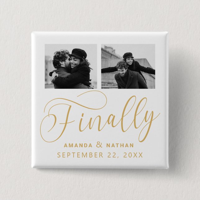 Finally Minimalist Wedding 2 Photo Save the Date 15 Cm Square Badge (Front)