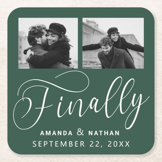 Finally Minimalist Wedding 2 Photo Save the Date Square Paper Coaster (Front)