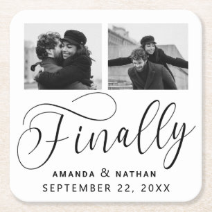 Finally Minimalist Wedding 2 Photo Save the Date Square Paper Coaster