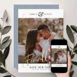 Finally! | Modern Gold Square Photo Elegant Fun Save The Date<br><div class="desc">Share the wonderful news of your engagement with these fun, modern printed gold frame Save the Date cards featuring your favourite square photo along with a big bold FINALLY! in beautiful hand lettered script calligraphy. Personalise with two lines of custom text along the bottom for additional details, like the date...</div>