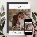 Finally! | Modern Gold Square Photo Elegant Fun Save The Date<br><div class="desc">Share the wonderful news of your engagement with these fun, modern printed gold frame Save the Date cards featuring your favourite square photo along with a big bold FINALLY! in beautiful hand lettered script calligraphy. Personalise with two lines of custom text along the bottom for additional details, like the date...</div>