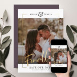 Finally! | Modern Gold Square Photo Elegant Fun Save The Date<br><div class="desc">Share the wonderful news of your engagement with these fun, modern printed gold frame Save the Date cards featuring your favourite square photo along with a big bold FINALLY! in beautiful hand lettered script calligraphy. Personalise with two lines of custom text along the bottom for additional details, like the date...</div>