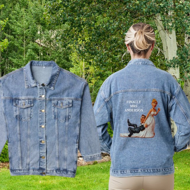 Finally Mrs. Name Funny Figurine Wedding Couple Denim Jacket (Finally Mrs. Name Funny Figurine Wedding Couple Denim Jacket Front and Back View)