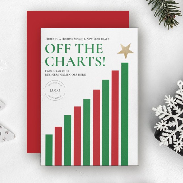 Finance Industry Off the charts Happy New Years  Holiday Card (Off the charts red, green, gold financial business christmas holiday cards with logo.)