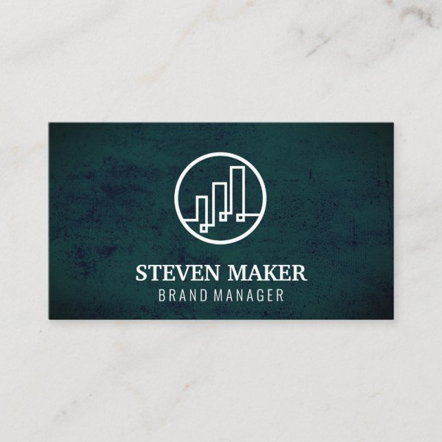 Finance Logo Grunge Blue Green Business Card (Front)