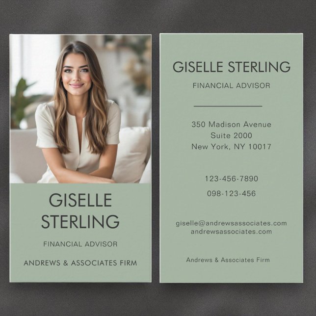 Financial Advisor Sage Green Professional Photo  Business Card (Creator Uploaded)