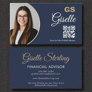 Financial Agent Navy Blue Gold Photo QR Code  Business Card