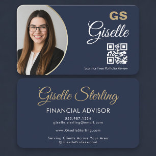 Financial Agent Photo QR Code Navy Blue Gold Business Card