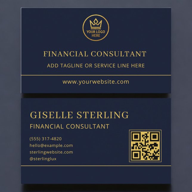 Financial Consultant Blue Gold Logo QR Code Business Card (Creator Uploaded)