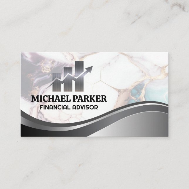 Financial Logo | Colourful Marble | Metallic Business Card (Front)
