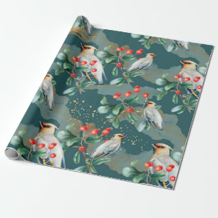 Finch bird, Christmas greenery, red berry Wrapping Paper
