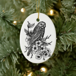 Finch on cherry branch ceramic tree decoration