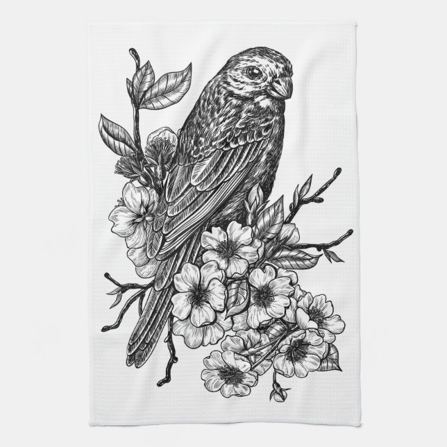 Finch on cherry branch tea towel (Vertical)
