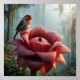 Finch on Giant Jungle Flower in Moody Tropical  Poster