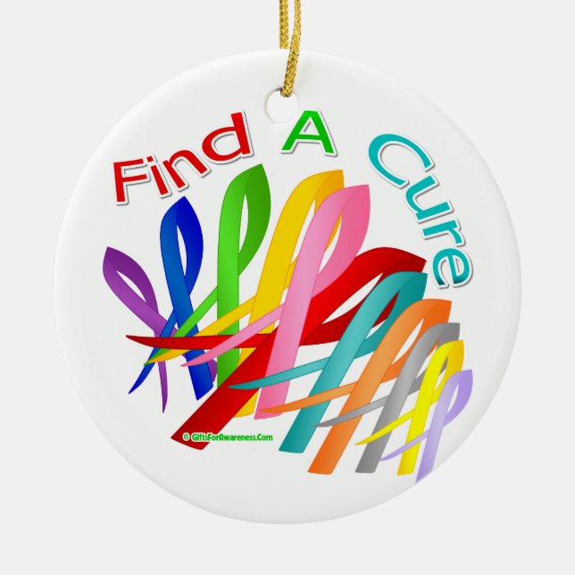 Find A Cure Colourful Cancer Ribbons Ceramic Tree Decoration (Front)