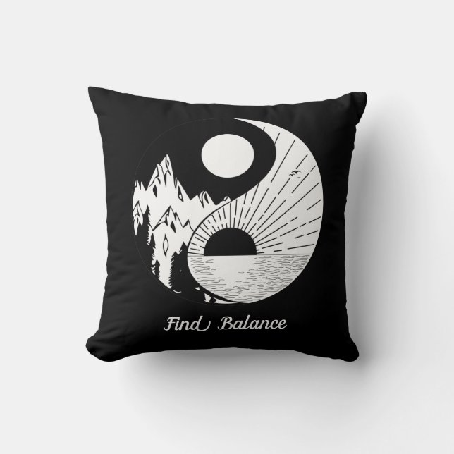 Find Balance Zen Yin Yang Black White Cushion (Front)