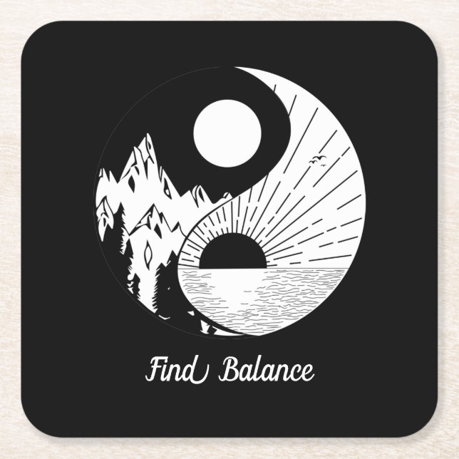Find Balance Zen Yin Yang Black White Square Paper Coaster (Front)
